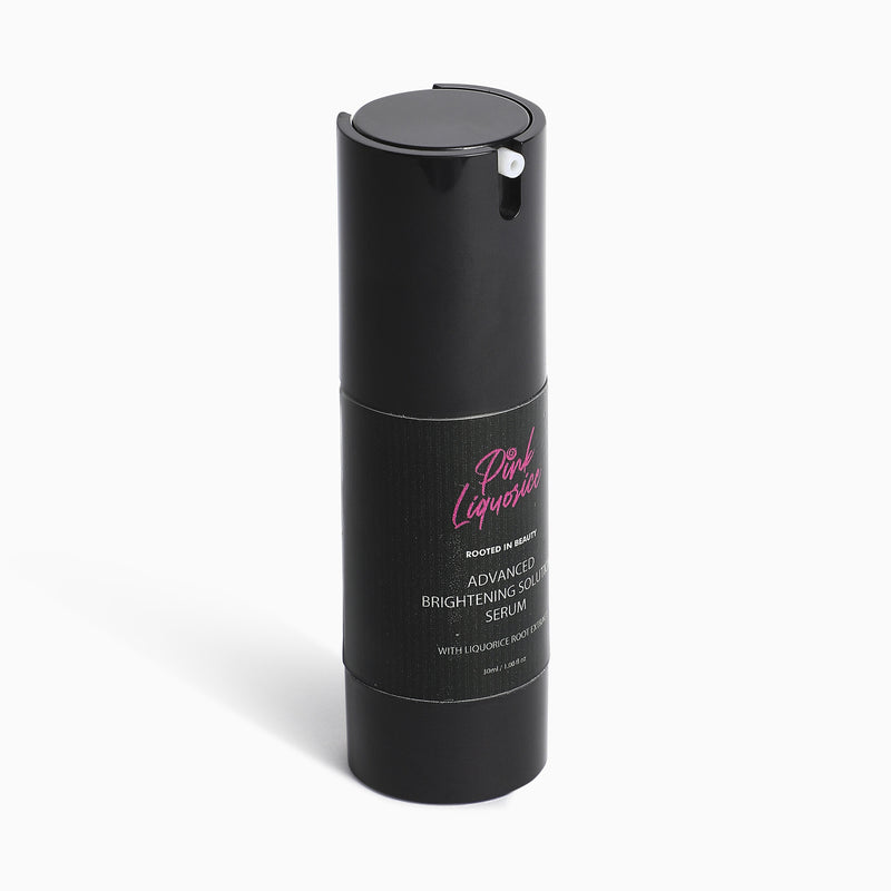 Side view of black bottle of face brightening serum