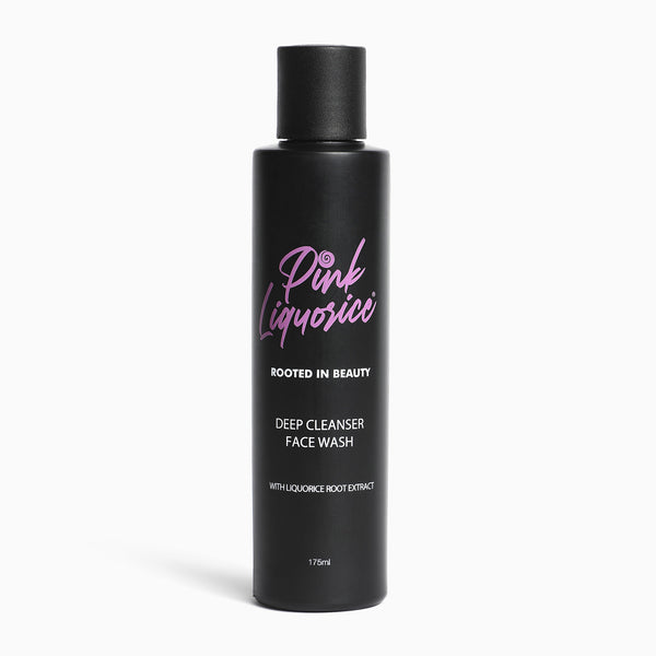 Black bottle of facial cleanser with liquorice root extract
