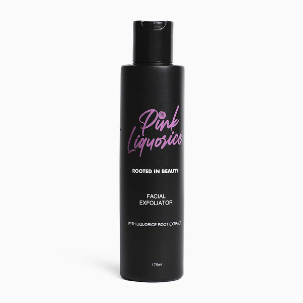 Black bottle of a facial exfoliator with liquorice root extract