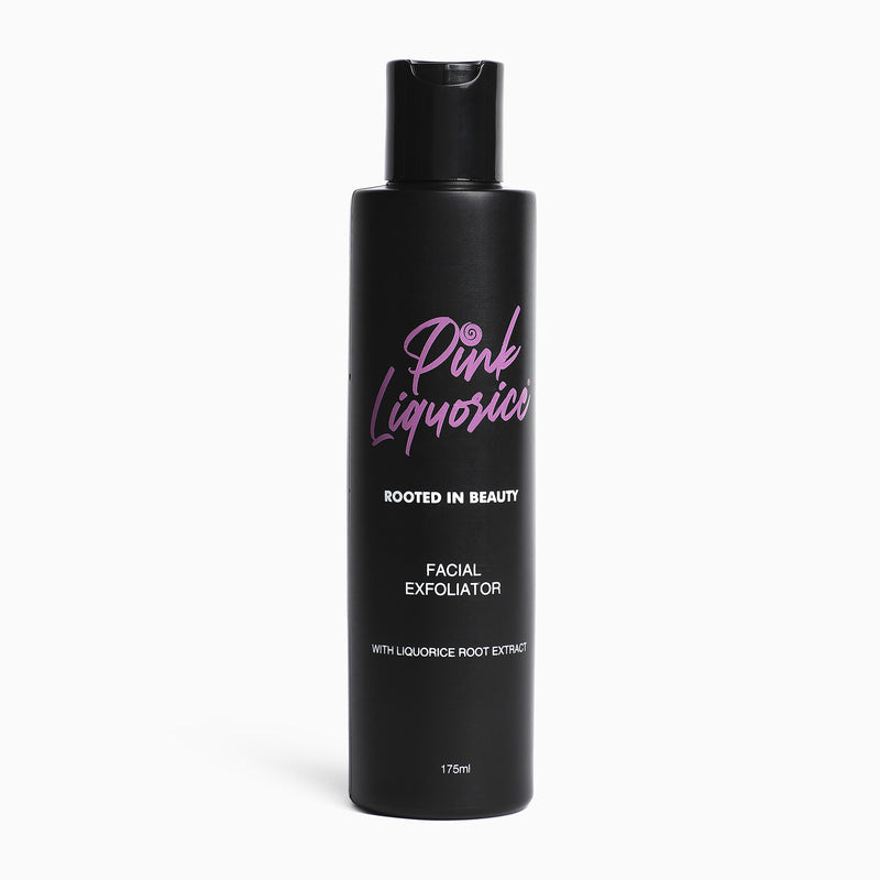 Black bottle of a facial exfoliator with liquorice root extract