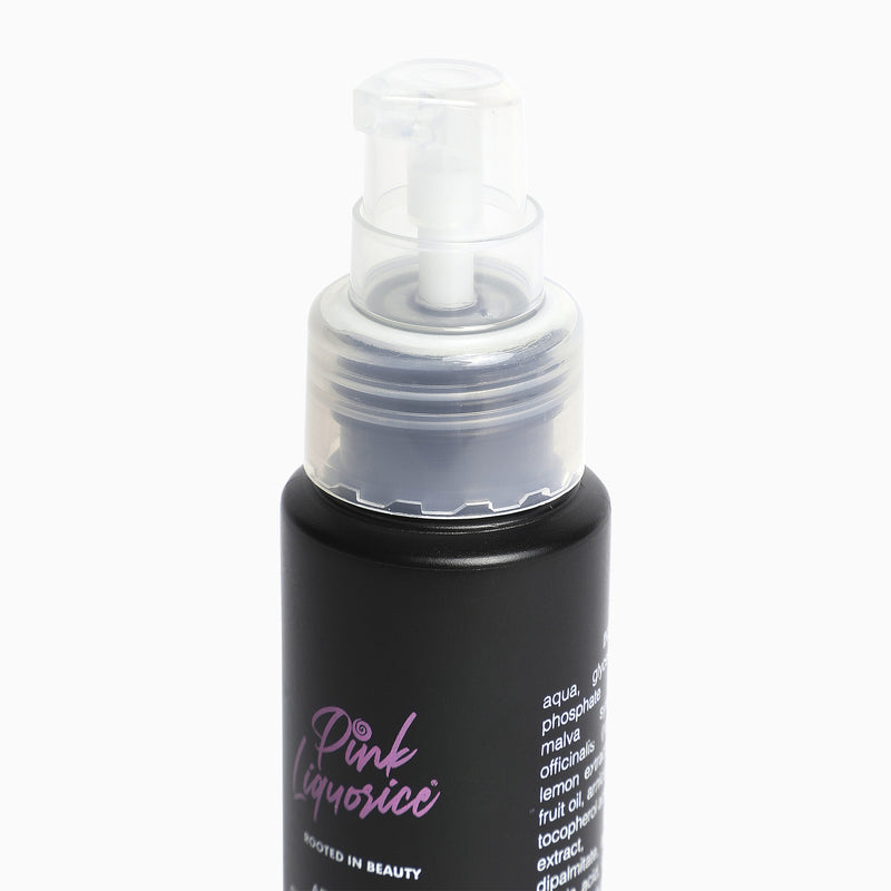 Close up of black skincare bottle by Pink Liquorice